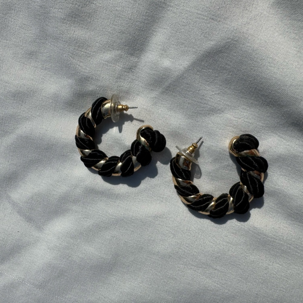 Black and Gold Woven Hoop Earrings
